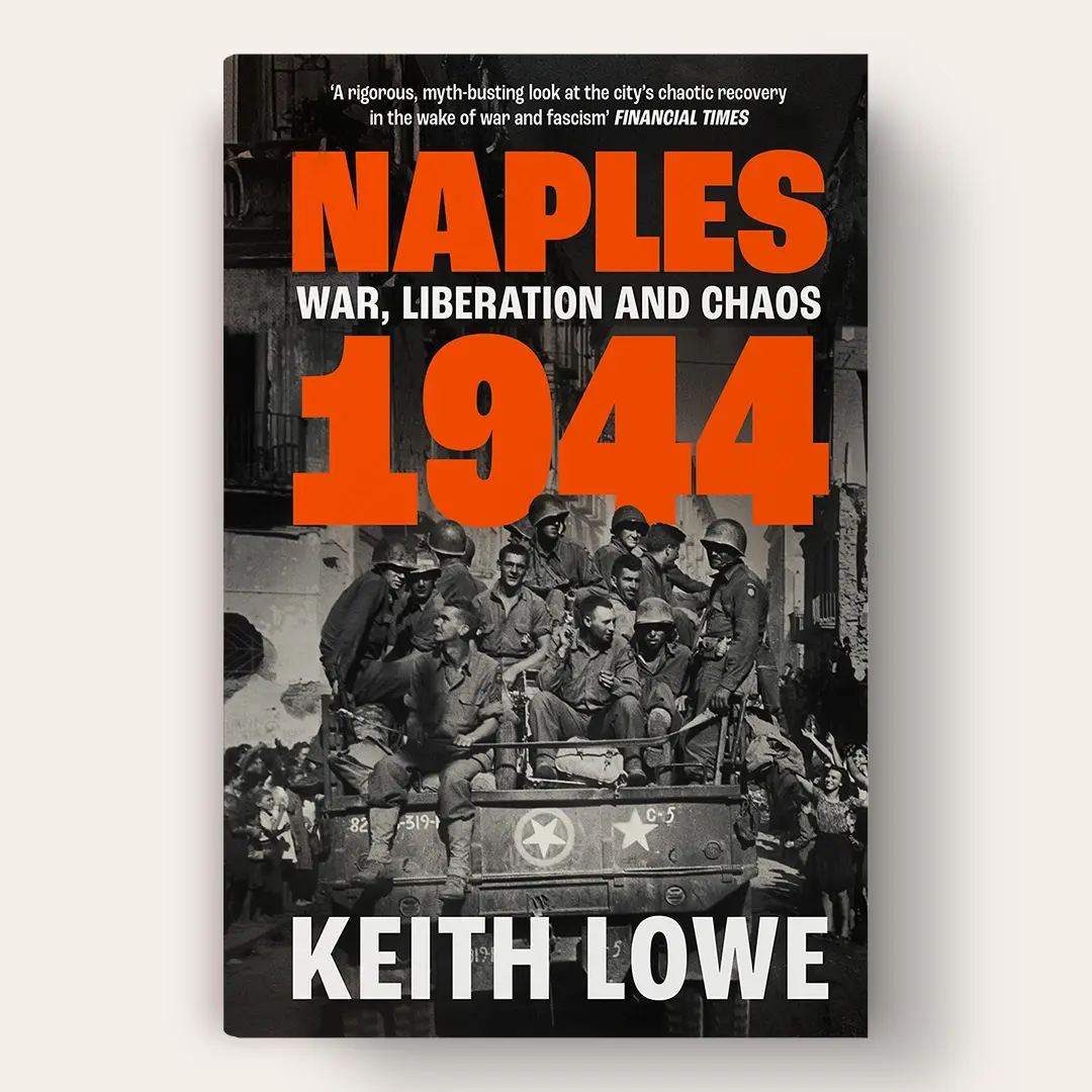 Book cover for a war history book with a photo of a tank of American troops liberating Naples