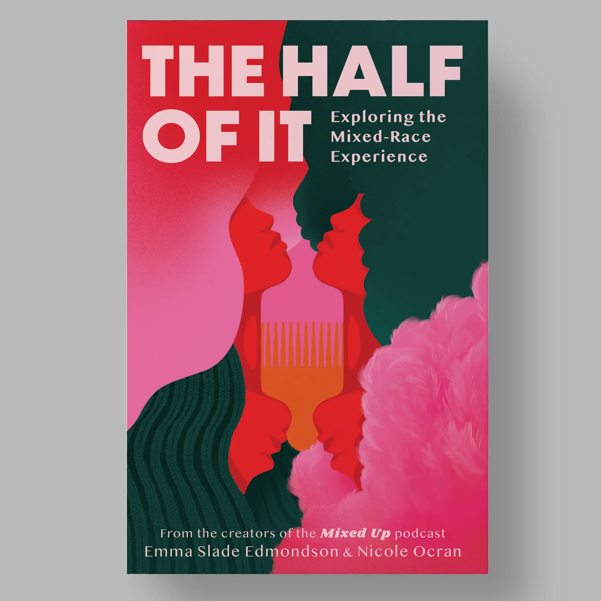 A book cover design for a popular culture book about growing up mixed race, featuring an illustration of two women in pink and red and an afro comb.