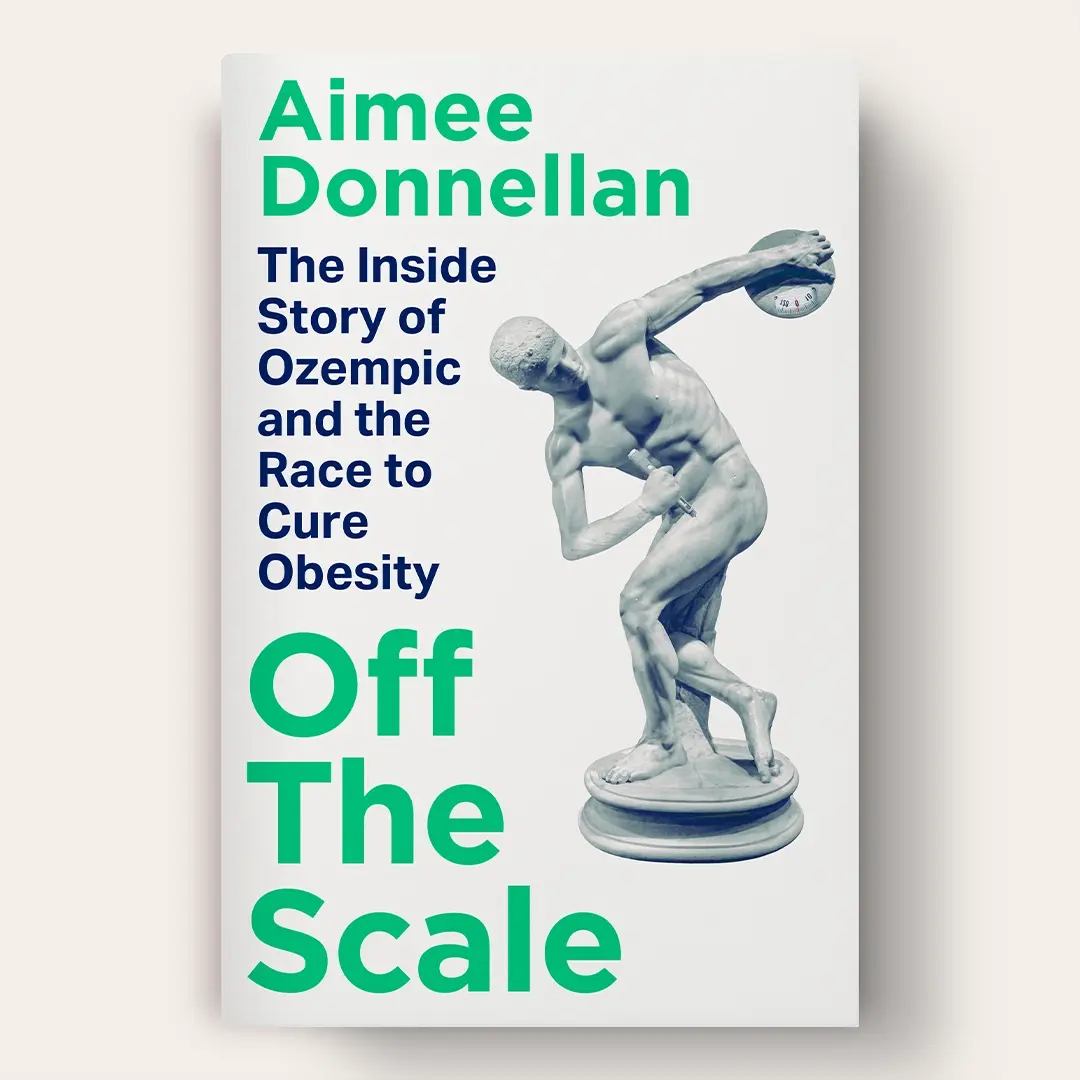 The cover features a classic Greek statue photographed to be in the action of taking an ozempic shot and lifting a scale.