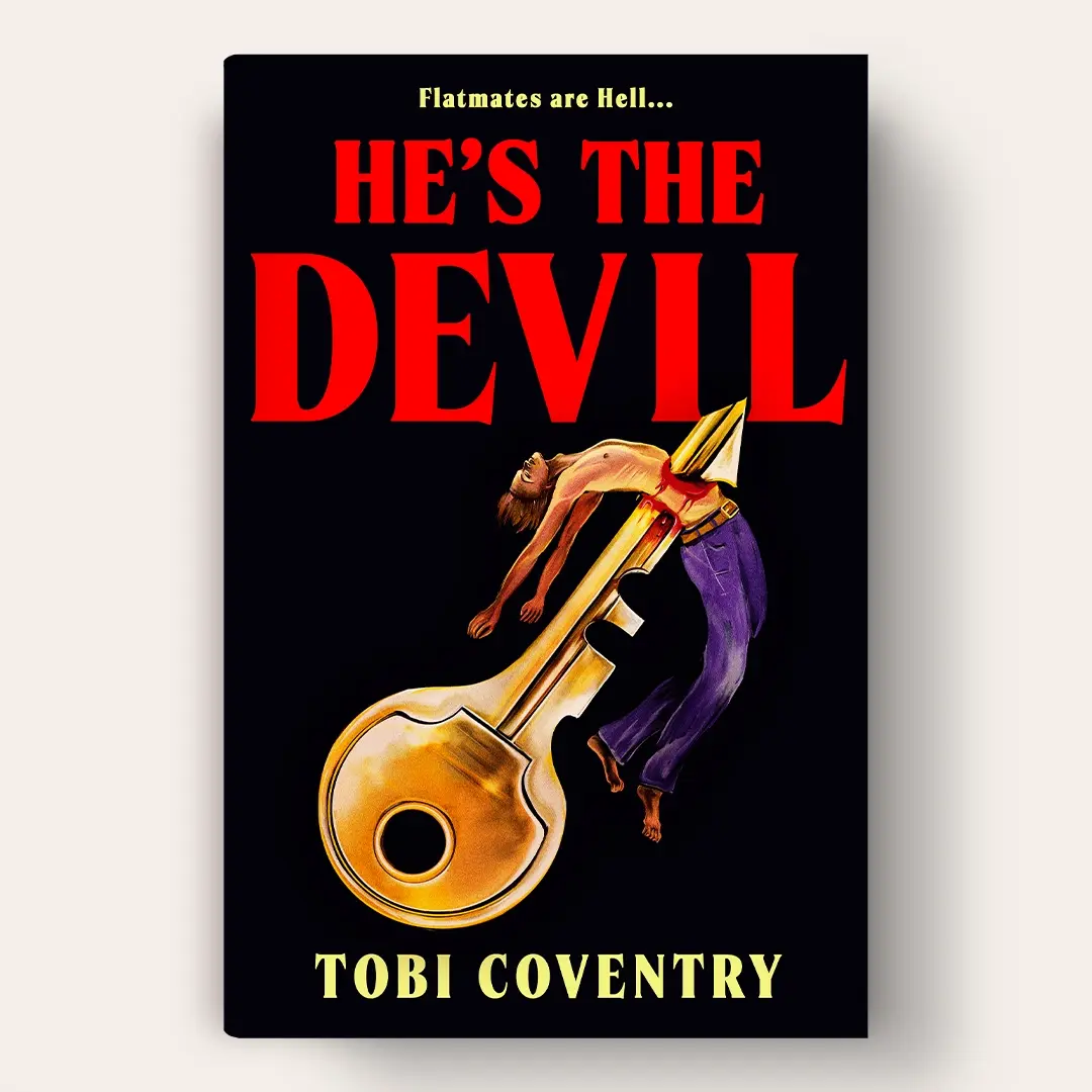 A horror cover in the style of Steven King, with red type and an illustration of a topless man being impaled by a large golden key.