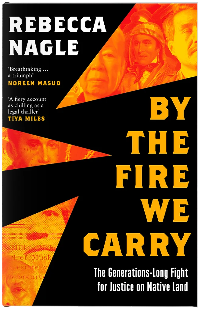 The design features warm yellow and red tones with zig zag collage of people in Native American attire.