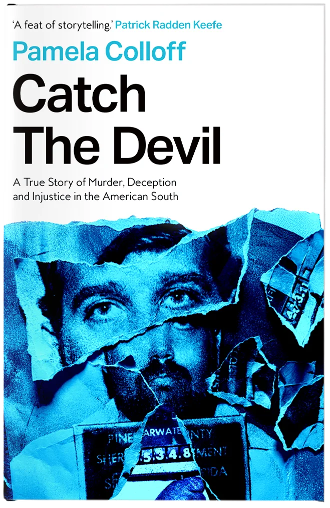 Blue photographic cover design of a mass murderer.