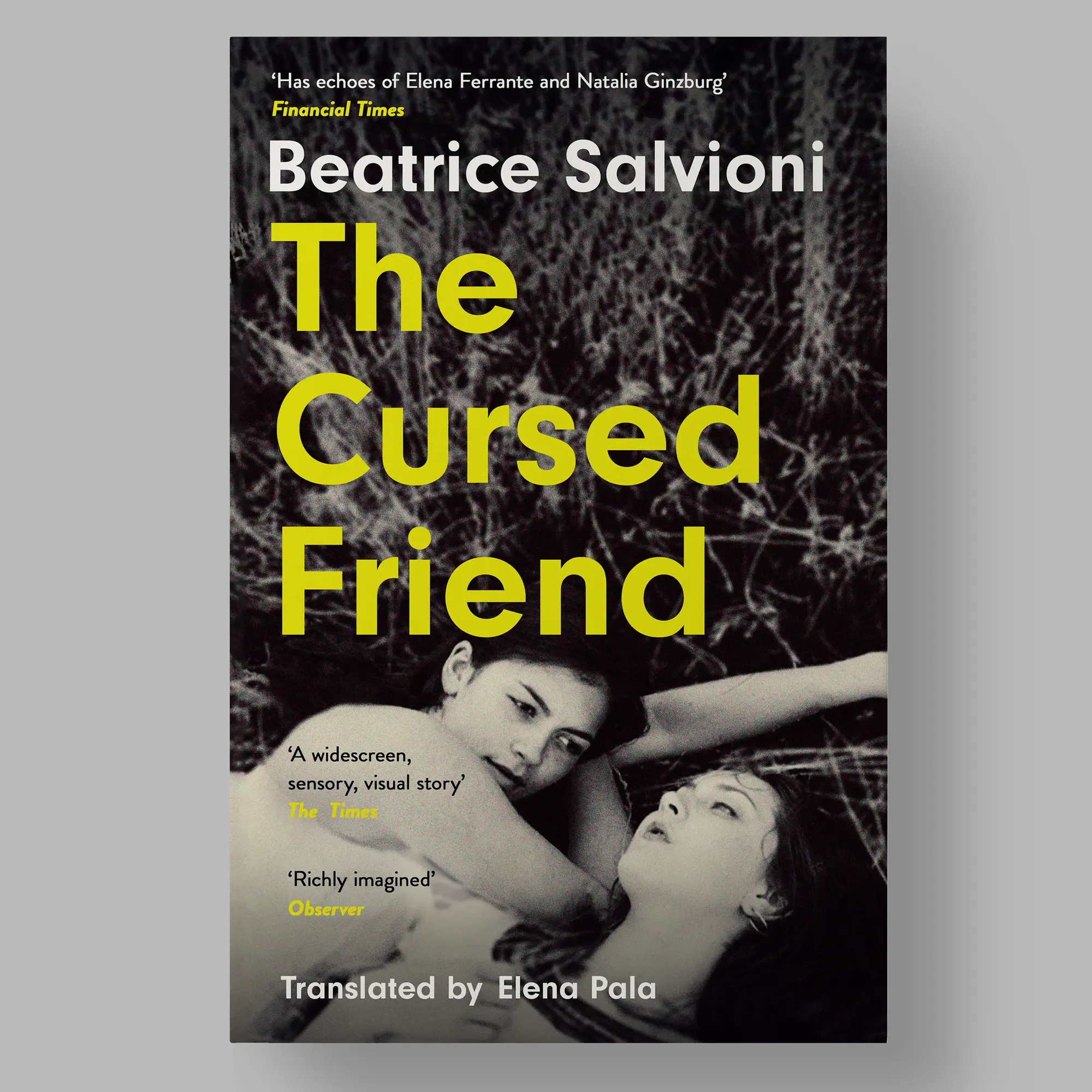 A dark grey book cover showing a photo of a woman behind a curtain. The title 'The Cursed Friend' is in yellow text in the style of a vintage classics book.