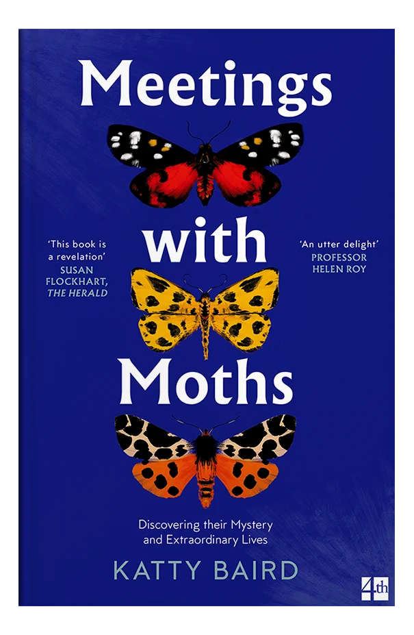 A blue book cover featuring three moths in vibrant colors: one in red and black, another in yellow with black spots, and a third in orange and black. The title, 'Meetings with Moths,' is written in large white text, with the subtitle, 'Discovering their Mystery and Extraordinary Lives,' appearing below.