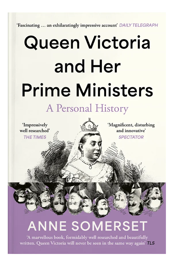 The cover features a central illustration of Queen Victoria with a blank silhouette, surrounded by smaller etchings of various prime ministers in period attire.