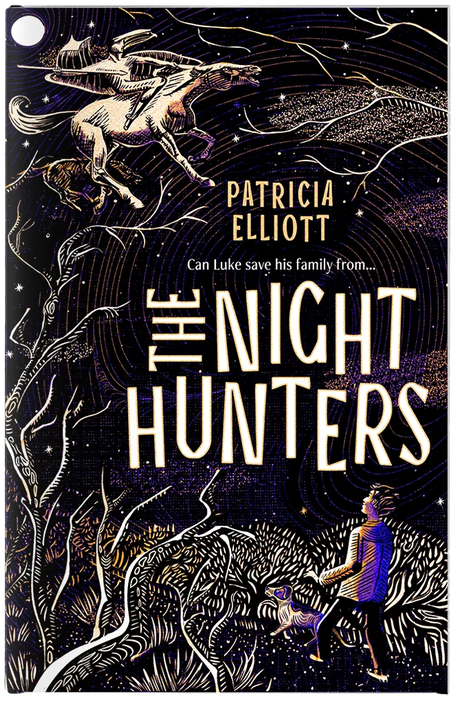 Book cover design for 'The Night Hunters' by Patricia Elliott. The atmospheric artwork utilizes a woodcut or scratchboard illustration style in cream and pale purple against a dark sky filled with swirling, stippled star patterns. At the top, a ghostly figure on horseback leaps through the sky, while below, a young boy and his dog look upward from a stylized, barren forest. The title typography is custom, jagged, and hand-drawn.