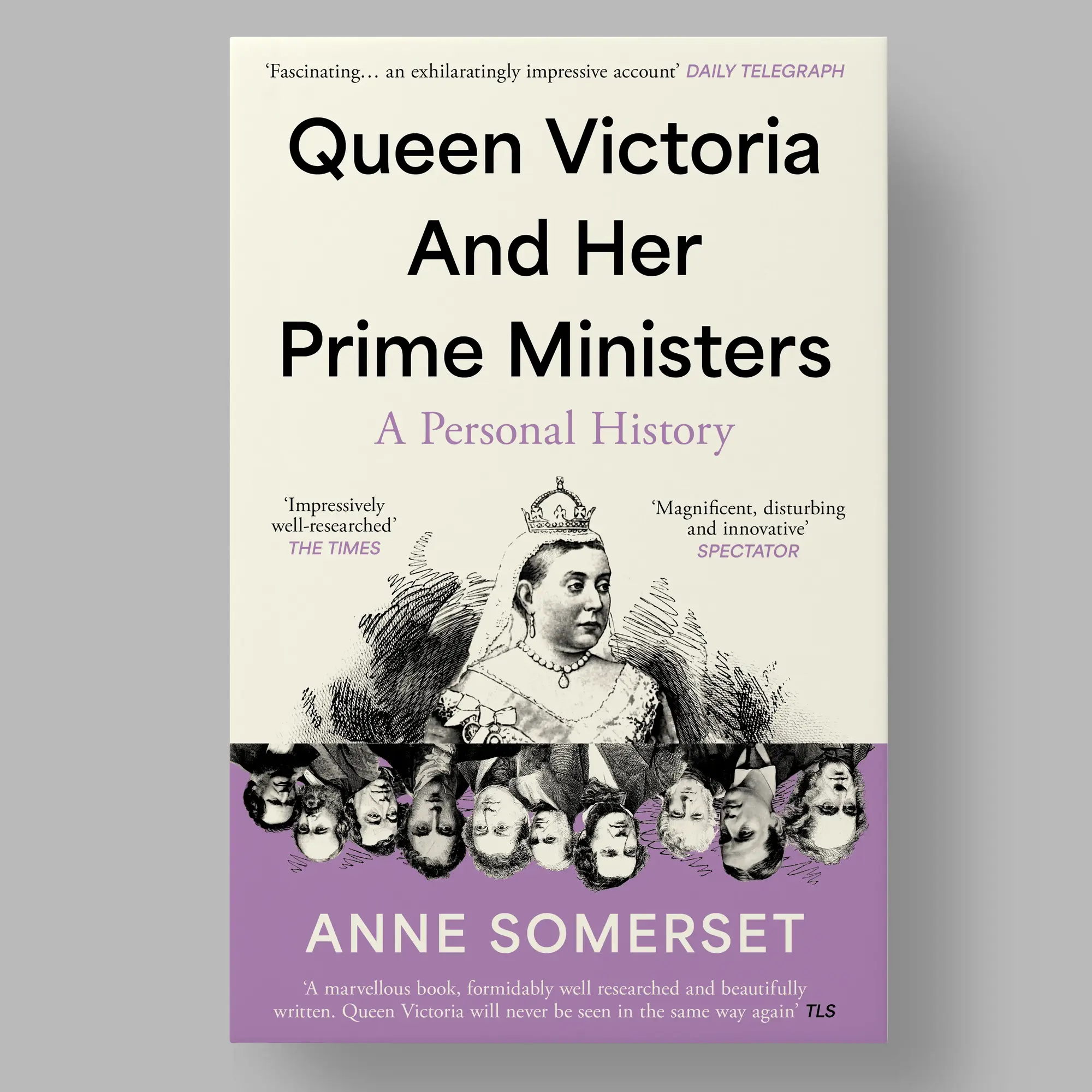 The cover features a central illustration of Queen Victoria with a blank silhouette, surrounded by smaller etchings of various prime ministers in period attire.