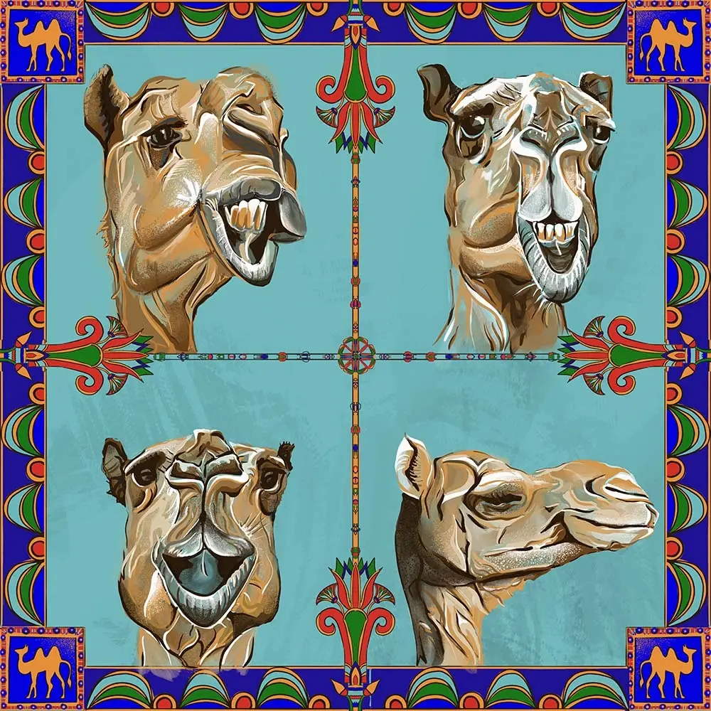 Four illustrations of camels with funny faces.