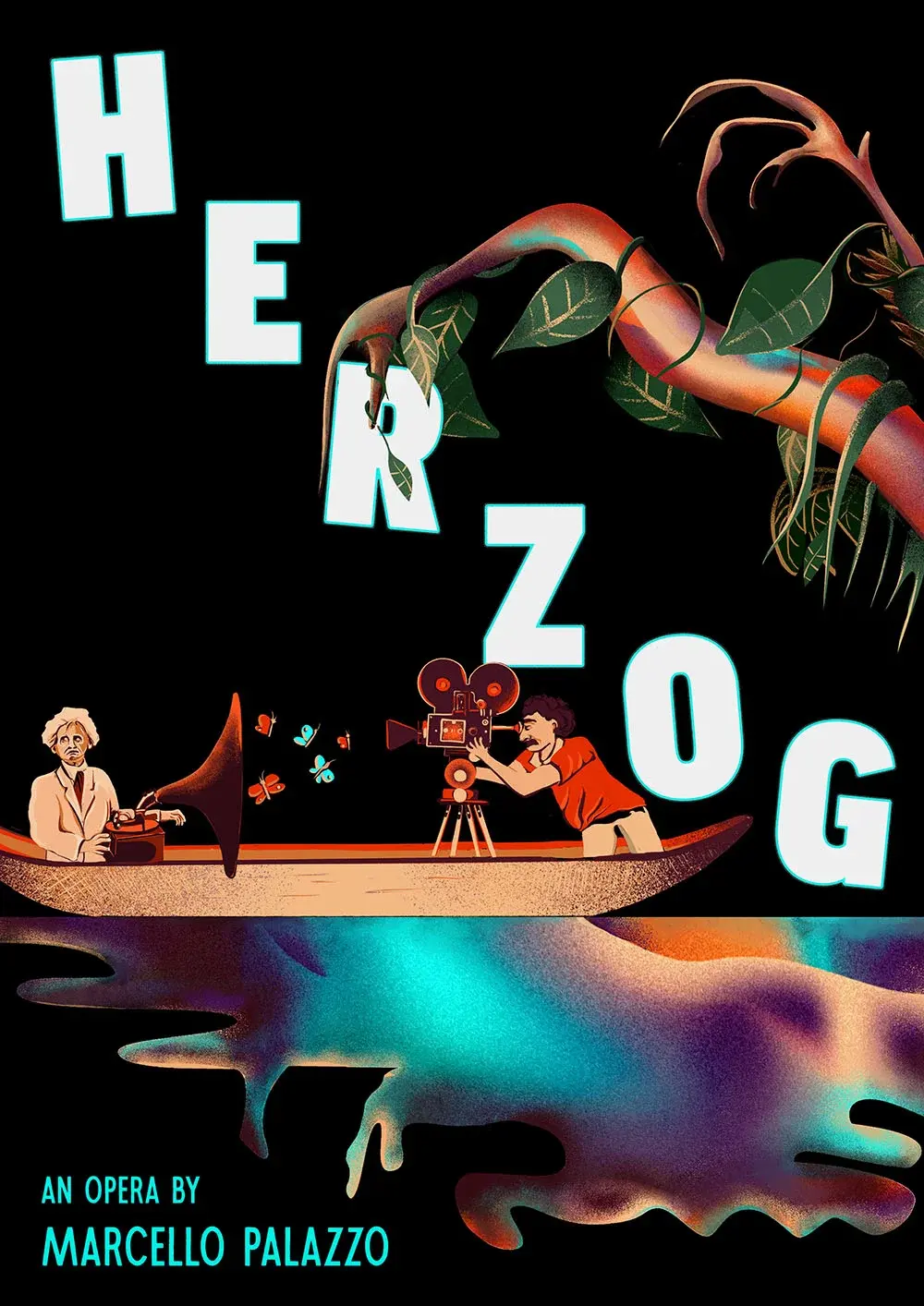 A poster design for an opera about Herzog, with two men in a rowing boat under a willow tree. One has a film camera.