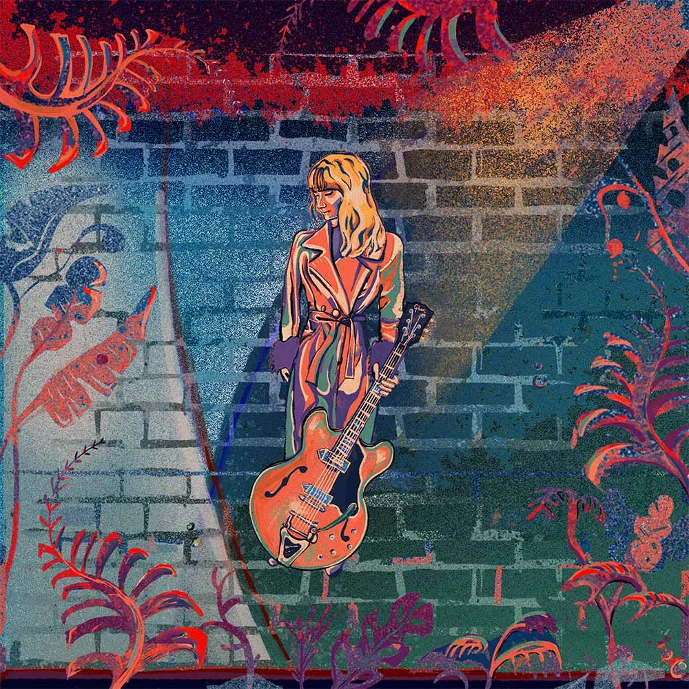 An illustration for an album artwork featuring a young female guitarist surrounded by plants.