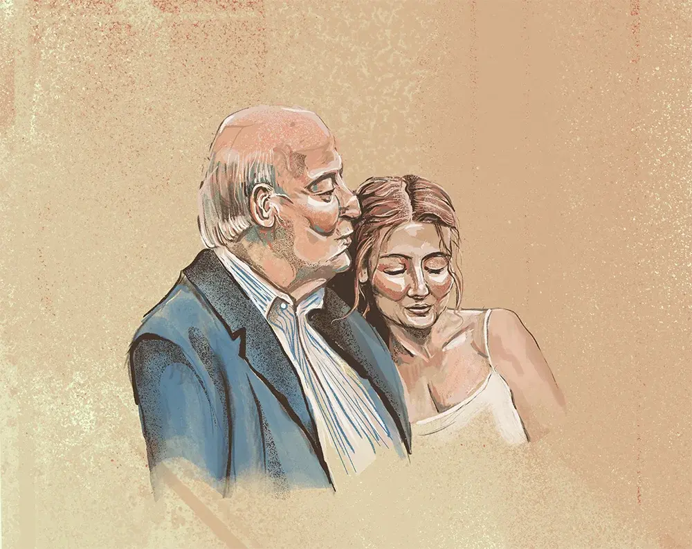 An illustration of a grandfather and granddaughter on a yellow background.