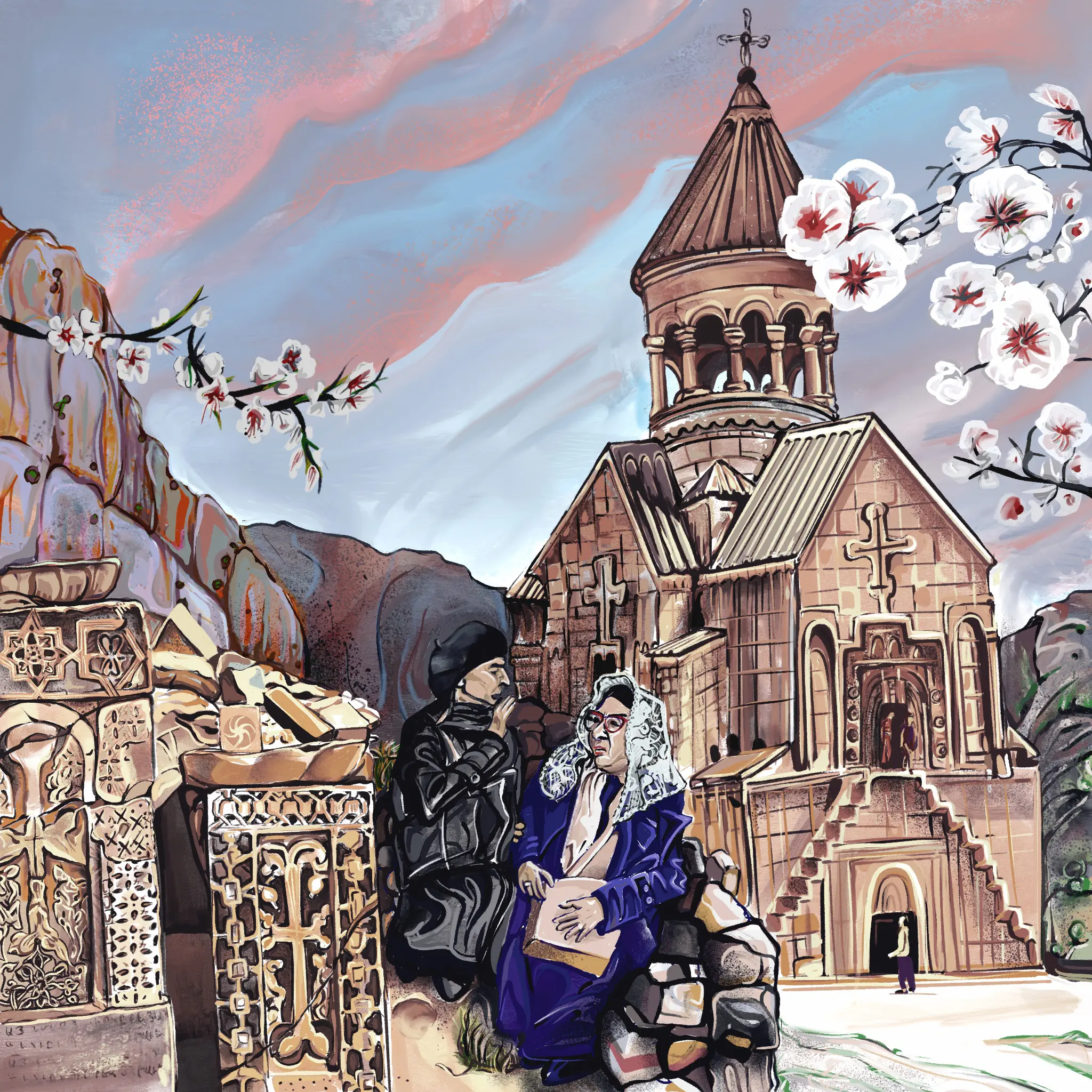 An animation of two women sat outside Noravank monastery in Armenia.