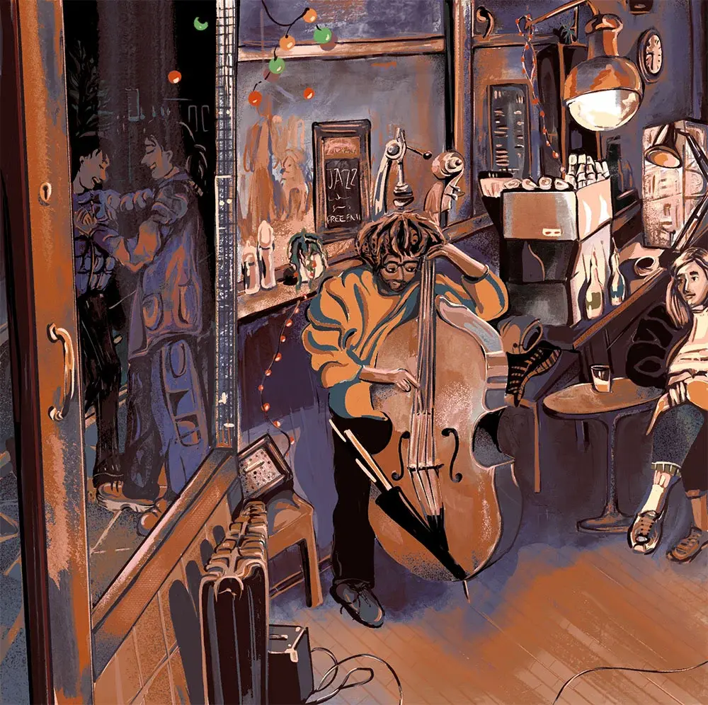 An illustration of a musical cafe in London with a jazz bassist in the center.