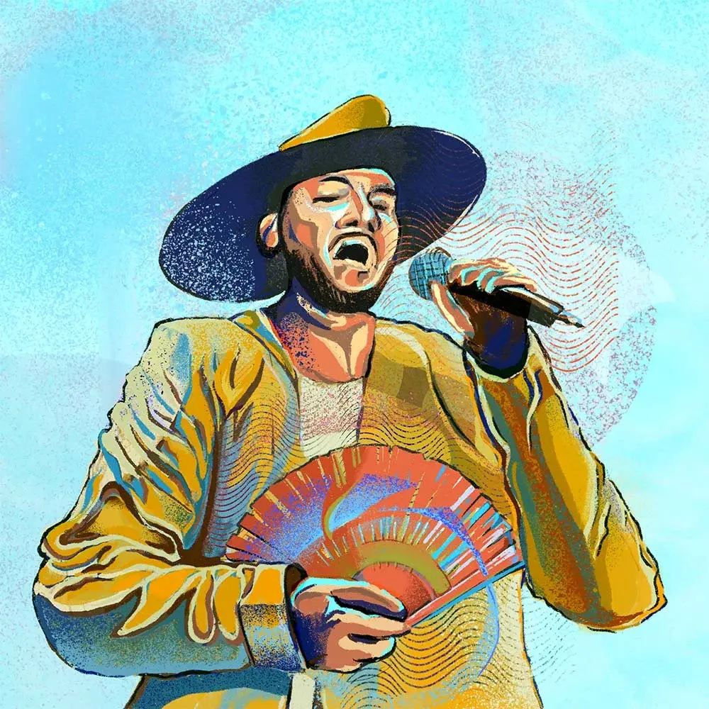 An illustration of a singer holding a microphone and a fan.