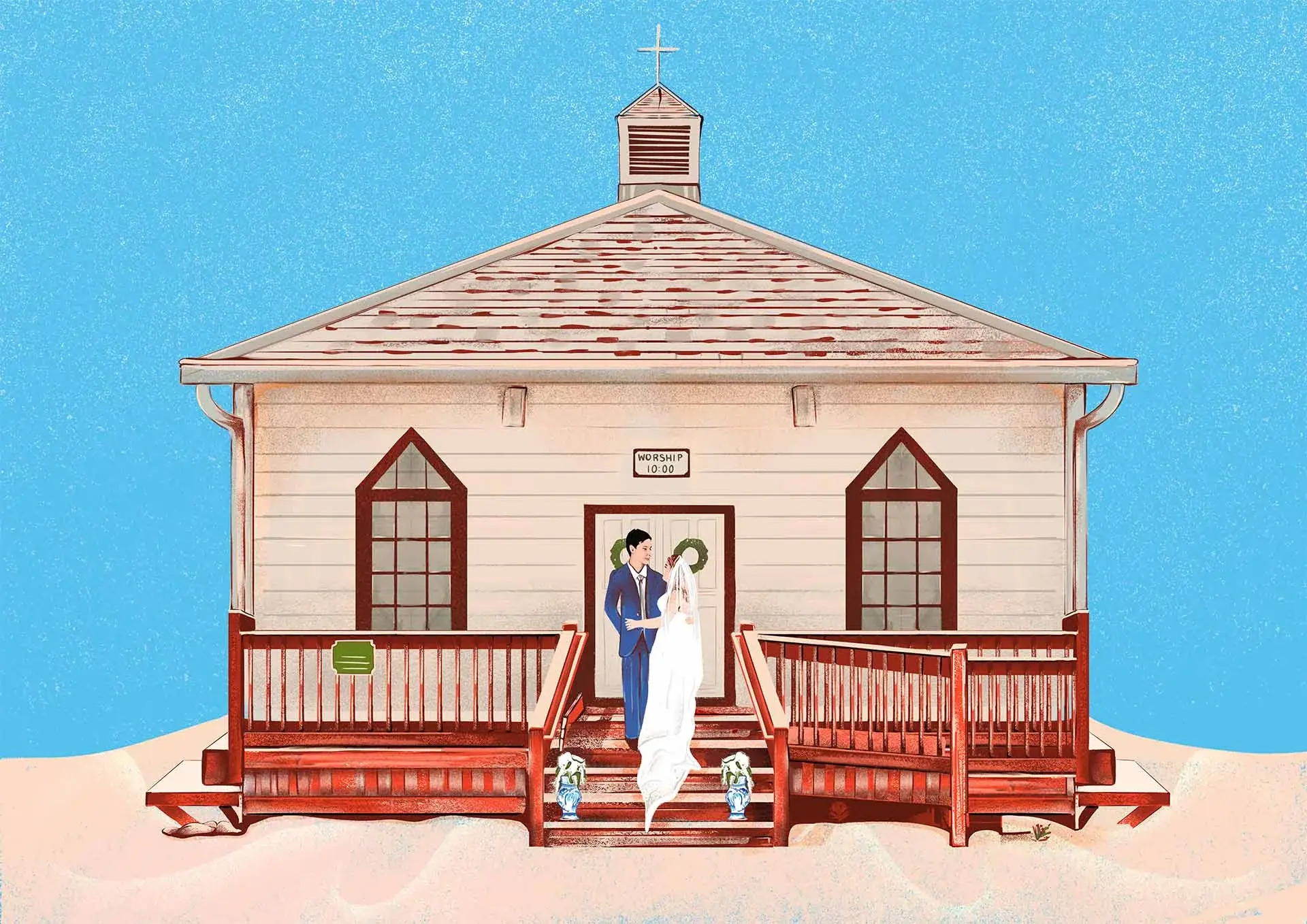 An illustration of a married couple standing outside of a church on the sand.