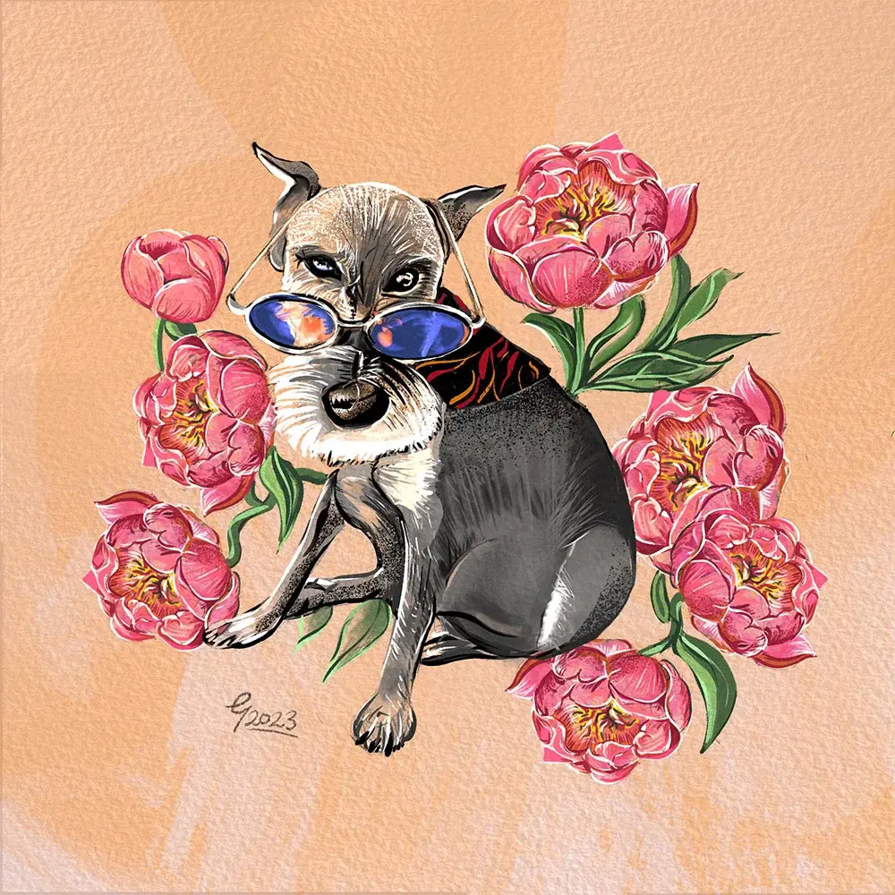 An illustration of a grey terrier surrounded by pink carnations.