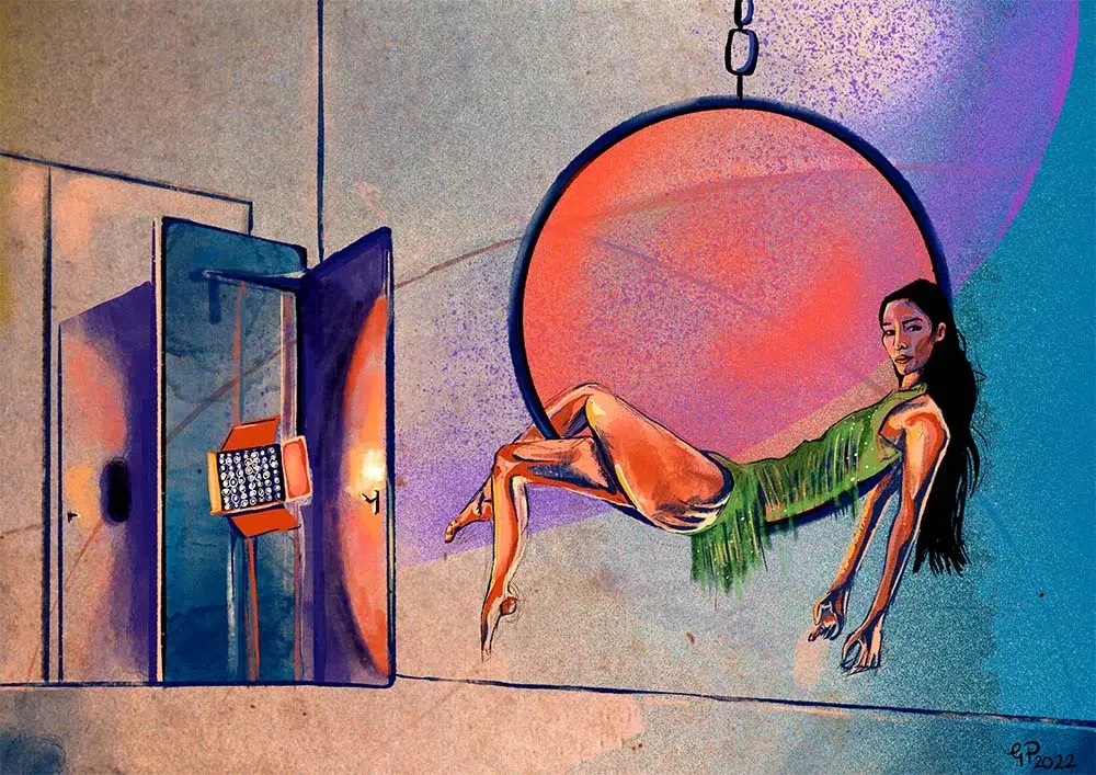 An illustration of a female trapeze artist in a hoop.