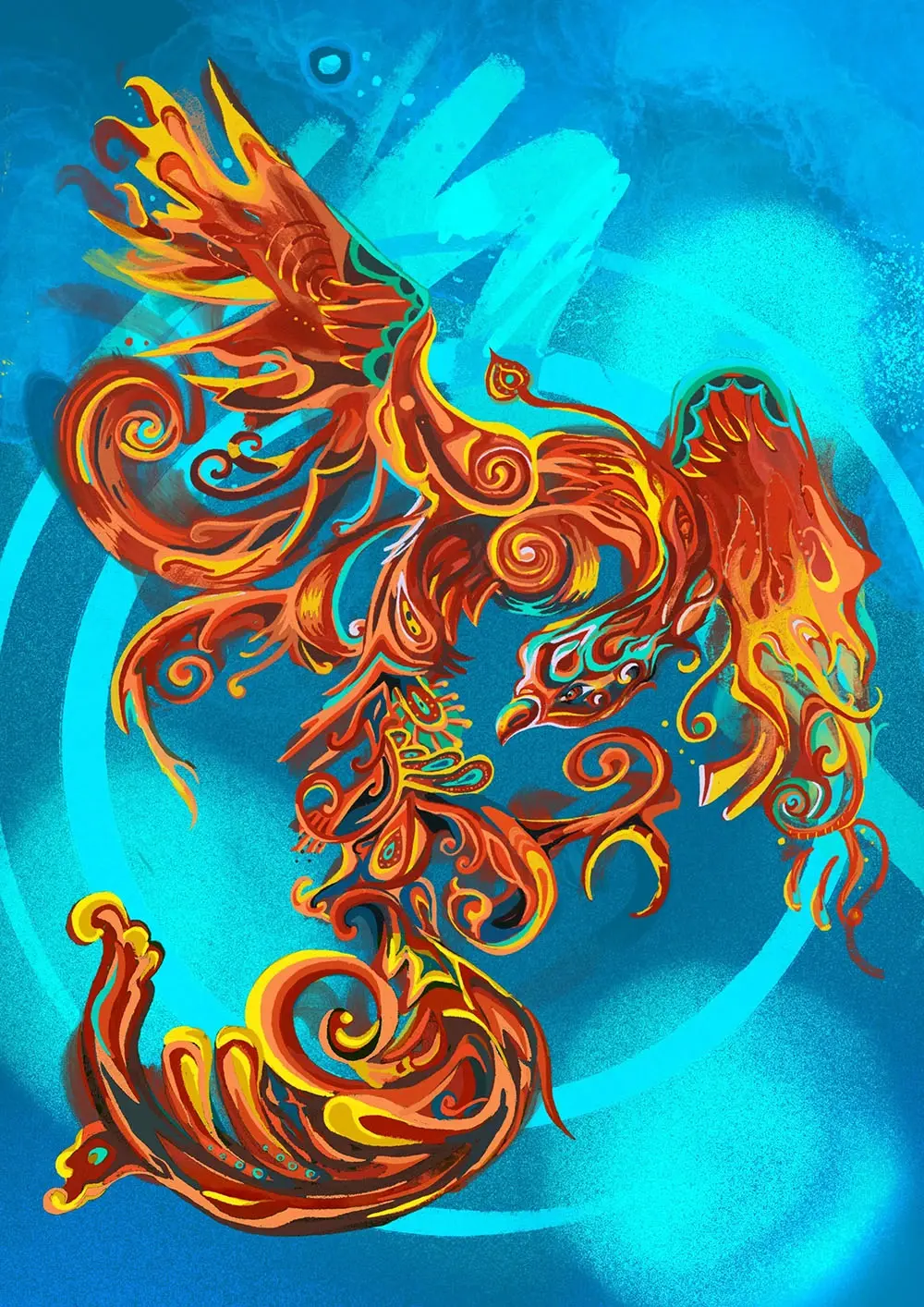 An illustration of a phoenix behind a blue background.